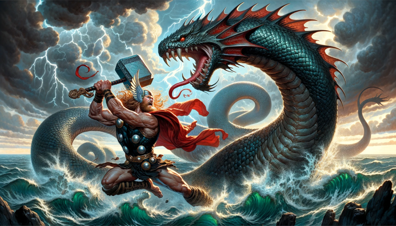 Thor battling Jörmungandr, the Midgard Serpent